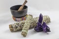 Bundles of Sage with a beautiful Purple Quartz Crystal and singing bowl