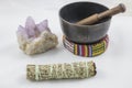 Bundles of Sage with beautiful Spirit Quartz Crystal and a singing bowl Royalty Free Stock Photo