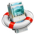 Bundles of 100 Swedish krona money banknotes in lifesaver buoy