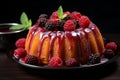 a bundt cake with berries on a black plate