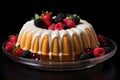 a bundt cake with berries and cream on a black background