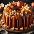 bundt cake with caramel glaze, filled with apple chunks and nuts, and garnished with caramel popcorn and candy apples