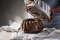 Bundt cake in a ceramic vessel