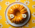 a bundt cake on a white plate with daisies on a yellow background