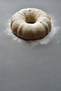 Bundt Cake sprinkled with sugar on a gray background