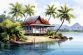 Bungalow or beach hut on tropical island, summer shack, wooden house on piles with terrace, palm trees and ocean