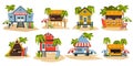 Bungalow on beach set. Tropical island house with palm trees, beach hut with surfboard and sand. Vector summer vacation paradise Royalty Free Stock Photo