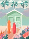 Bungalow on a beach with surfboards on the deck. Palm trees in the background and floral decoration. Summer house on the sand Royalty Free Stock Photo