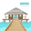 Bungalow holidays advertisement poster with cottage house on water