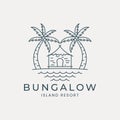 bungalow line art logo vector illustration template design. resort island, palm tree and ocean logo