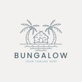 bungalow line art logo vector with sea and palm tree illustration template design. icon nature Royalty Free Stock Photo