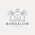 bungalow line art logo vector with sea and palm tree, sun illustration template design Royalty Free Stock Photo