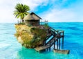 Bungalow over rocky island in tropical beach with crystal clear water in sunny day