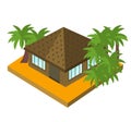 Bungalow with palm trees. Isometric vector icon for touristic business. Tropic house isolated on white