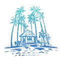 Bungalow by the sea with palms and tropical plants in color. Beach next to the house. Rest, tourism in exotic countries