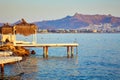 Bungalow on the sea at sunset. Wooden pavilions on the shore of a sandy beach - Bodrum, Turkey Royalty Free Stock Photo