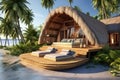 Bungalow with terrace and sunbeds, thatched roof on ocean shore white sand, under palm trees. Generative AI