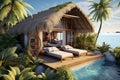 Bungalow with thatched roof on ocean shore white sand, under palm trees, terrace and sunbeds. Generative AI