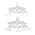 Bungalow on wooden stilts. Tropical bungalows on the water. A place for secluded relaxation. Line vector illustration