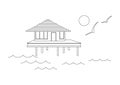 Bungalow on wooden stilts. Tropical bungalows on the water. A place for secluded relaxation. Line vector illustration