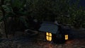 Bungalows on rural mountain slopes at night