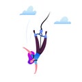 Bungee Jumping Concept. Brave Woman Jump with Rope from Great Height. Extreme Sports Activity, Fun, Risky Recreation