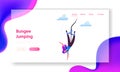 Bungee Jumping Landing Page Template. Brave Female Character Jump with Rope from Great Height. Extreme Activity, Fun