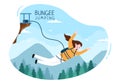 Bungee Jumping of People Tied with Elastic Rope Falling Down After Jump From a Height in Flat Cartoon Extreme Sport Illustration