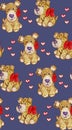 Watercolor dogie pattern. Blue color on the background. Dogie with red bow and hearts. . Valentines pattern