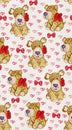 Watercolor dogie pattern. Watercolor paper texture on the background. Dogie with red bow. Valentines pattern Royalty Free Stock Photo