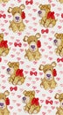 Watercolor dogie pattern. Watercolor paper texture on the background. Dogie with red bow. Valentines pattern