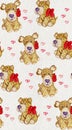 Watercolor dogie pattern. Watercolor paper texture on the background. Dogie with red bow. Valentines pattern