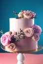 Pink cream wedding cake decorated with fresh roses Royalty Free Stock Photo