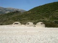 Bunkers on Livadi beach Royalty Free Stock Photo