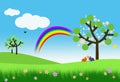 Bunnies, blossom trees and rainbow
