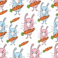 Bunnies cartoon seamless pattern, hand drawing, vector background. Funny painted rabbit with a carrot in the paws on a white backd