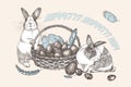 Bunnies and Easter eggs basket. Birds Feathers. Engraved vintage style. Greeting card. Line art ester rabbit Decoration Royalty Free Stock Photo