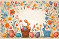 Bunnies, Easter eggs, flowers and basket