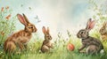 Bunnies with Easter Eggs in Watercolor Meadow. Watercolor bunnies with Easter eggs in a sunlit grassy meadow Royalty Free Stock Photo