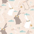 Colorful seamless pattern with bunnies, flowers. Decorative cute background with animals