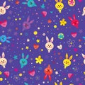 Bunnies flowers and hearts seamless pattern