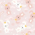 Colorful seamless pattern, bunnies with crowns. Decorative cute background with animals. Happy rabbits