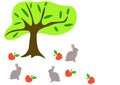 Bunnies, red apples under tree in summer garden. Drawn cute rabbits family in autumn orchard, vector eps 10