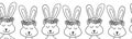 Bunnies seamless border outline. Repeating horizontal pattern with bunny heads. Cute rabbits black and white line art design for