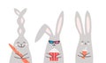 Bunnies set. Popcorn, carrot, soda. Cute cartoon funny character. Cinema theater. Royalty Free Stock Photo