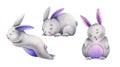 Bunnies sewn from fabric in gray, pink and purple with stitches of thread sits sleeping. Hand drawn watercolor