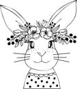 Easter Bunny hand draw line art, cute printable rabbit.