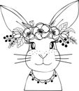 Easter Bunny hand draw line art, cute printable rabbit.