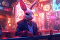 bunny pink gangster in neon bar illustration generative ai Royalty Free Stock Photo