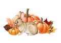 Bunny with autumn rustic style decor. Watercolor illustration. Hand drawn cozy fall decor with orange pumpkins, golden